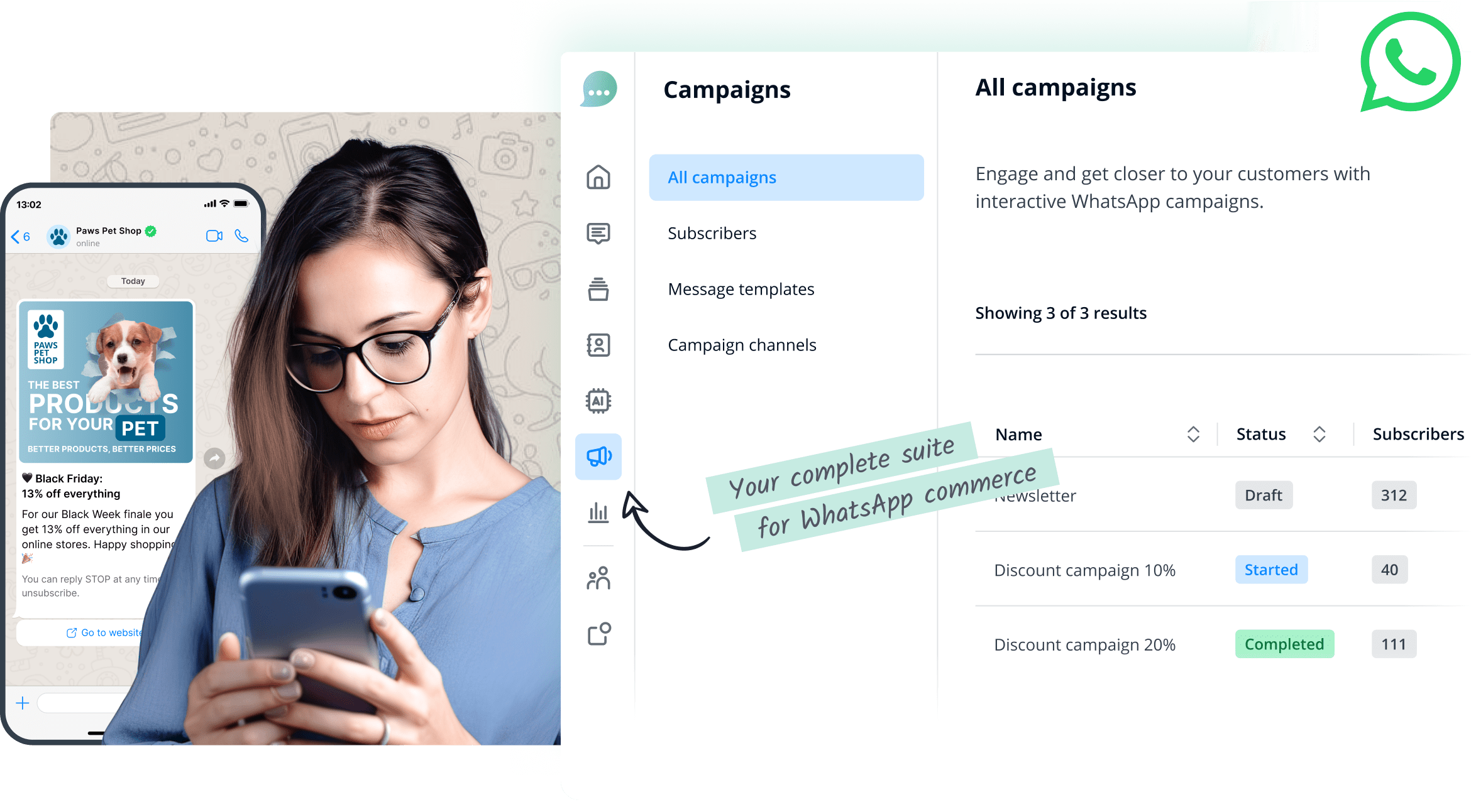 Ein Mädchen schaut auf ihr Handy, im Hintergrund eine WhatsApp-Kampagne mit UI.