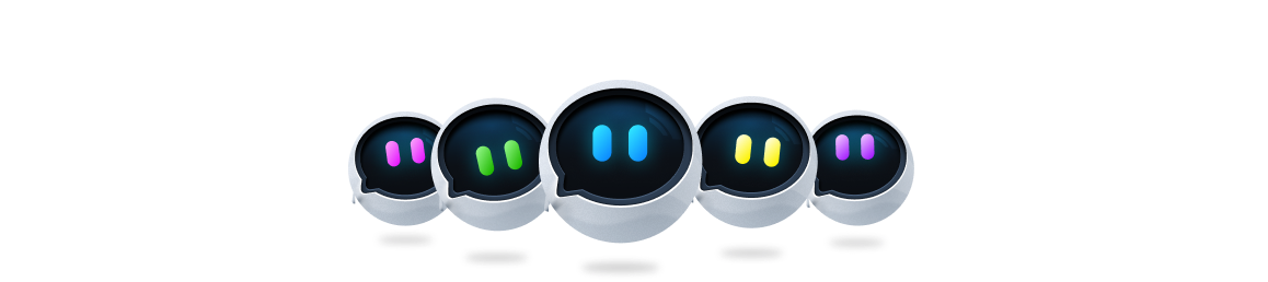 Gray robotic heads in a row on a black background.