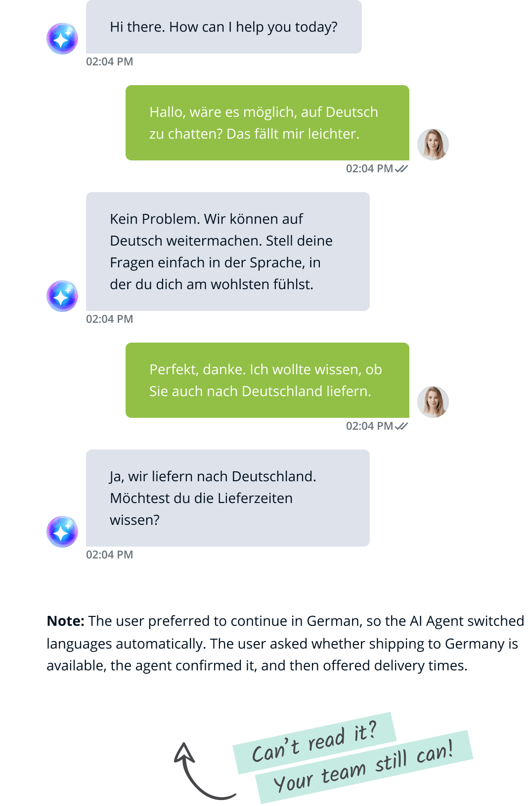 Uno screenshot di una conversazione live chat su un sito web con testo in riquadri grigi e un logo verde lime sulla sinistra.