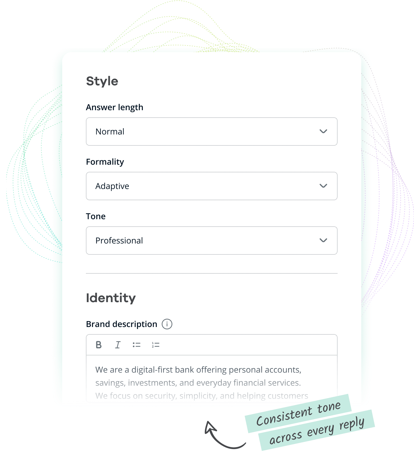 Chatbot settings interface with customizable options for AI chatbot responses and profile information.