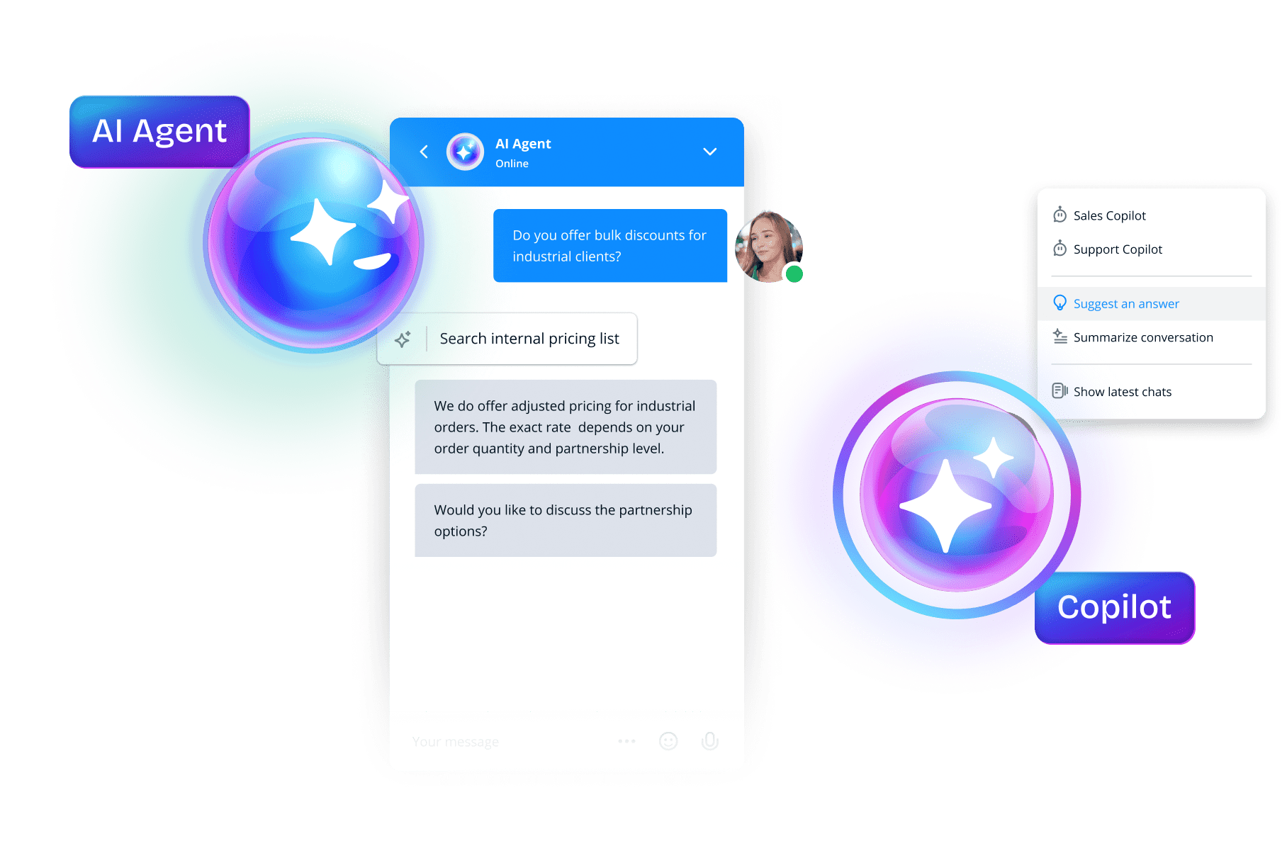 Diagramma di un'interfaccia di chat live con visualizzazione su dispositivo mobile e desktop, che illustra un design reattivo per l'assistenza clienti.