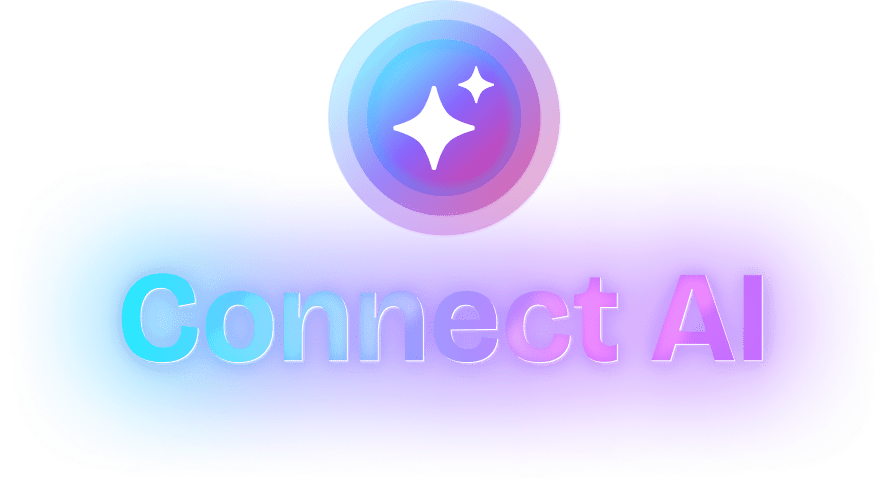 Connect AI logo with a grey globe and stars on a black background