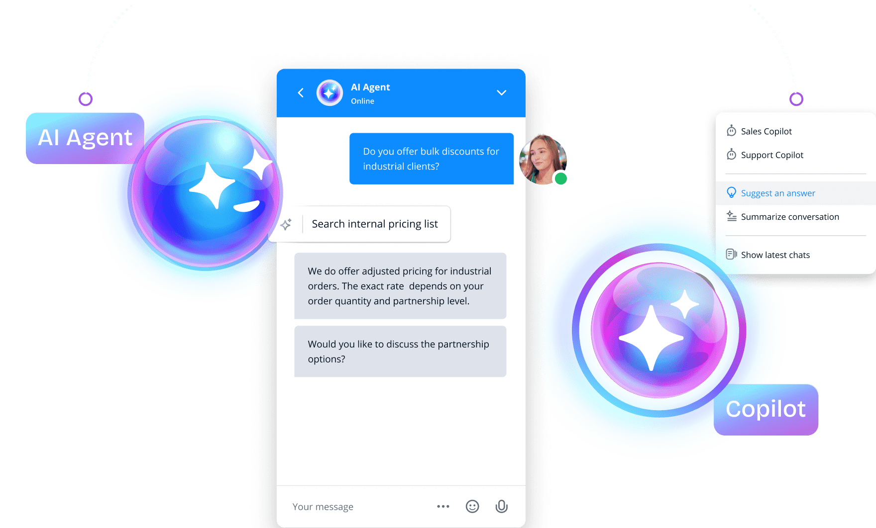 A mobile phone screen with a chatbot interface and two globe icons representing multilingual support, on a black background.