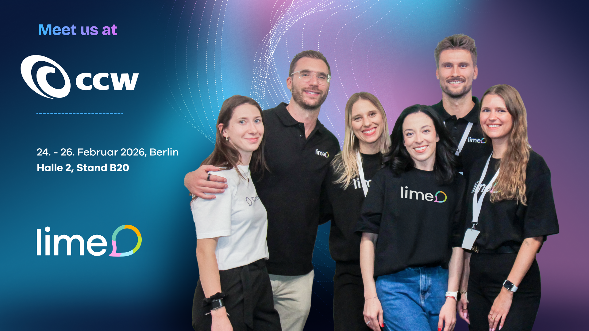 A group of six people smiling and posing together, with some wearing black t-shirts featuring the lime logo, standing against a purple and blue background.