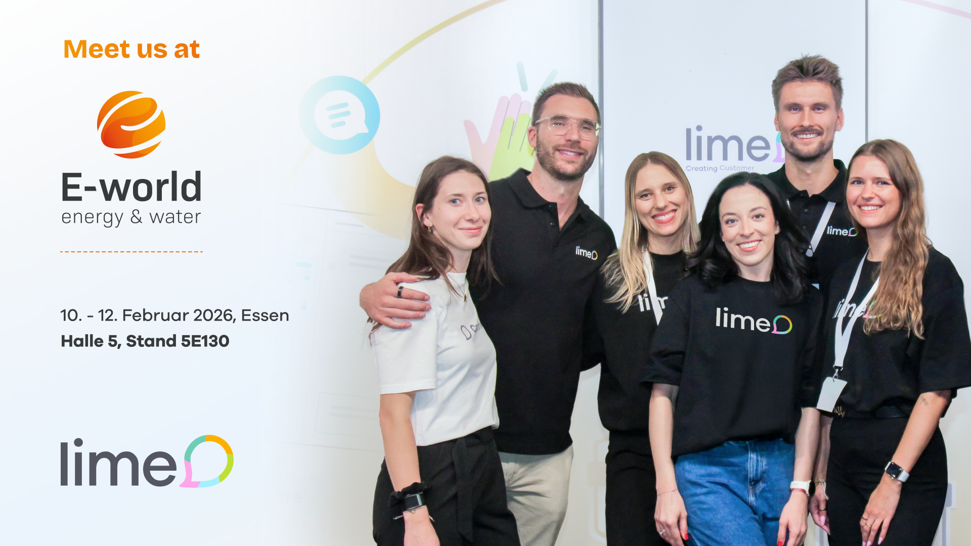 A group of people standing in front of a exhibition stand, smiling and posing for a photo with Lime Connect branding.