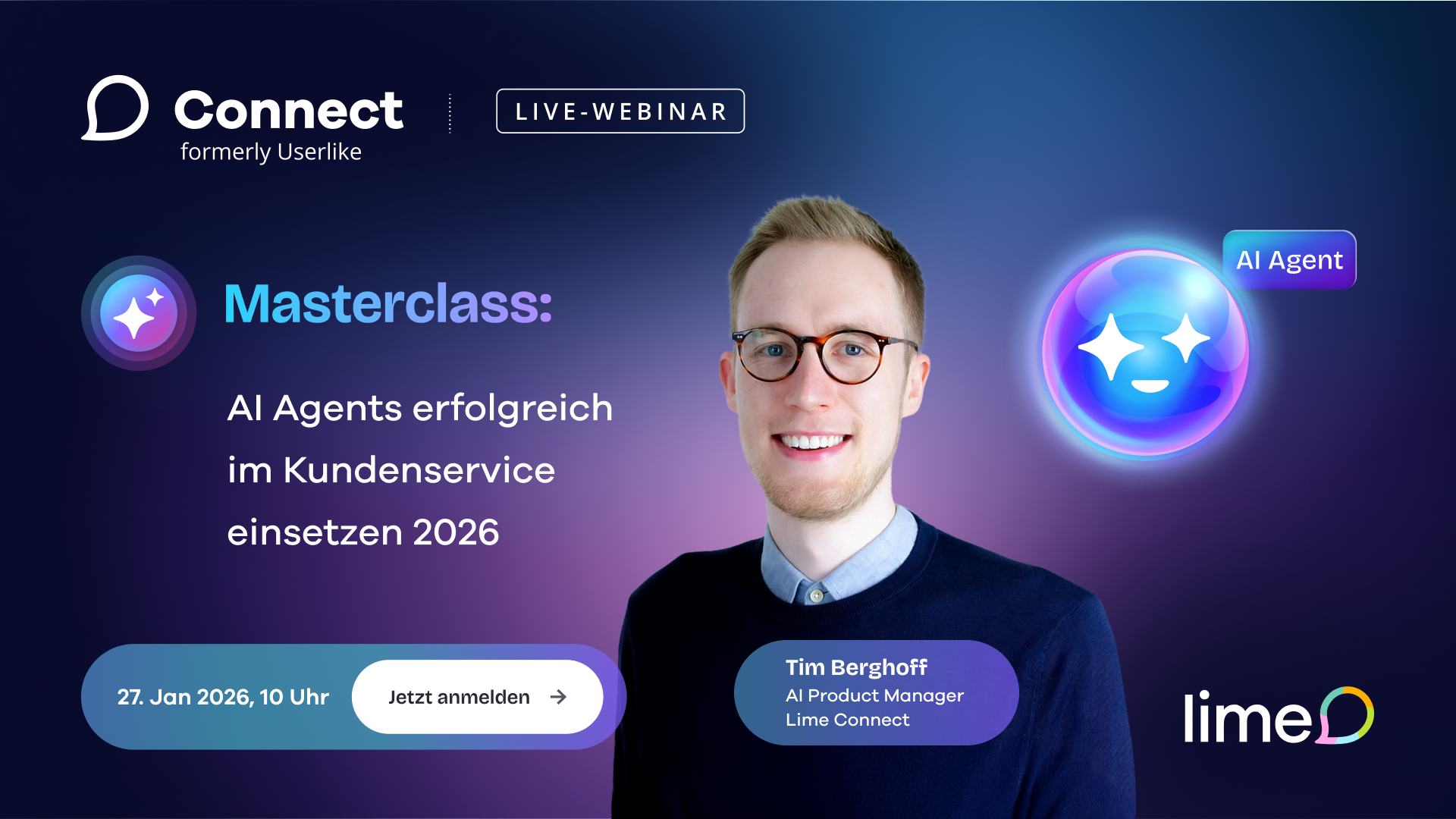 Smiling man in a dark sweater standing in front of a purple background with chat bubbles and the Lime Connect logo.