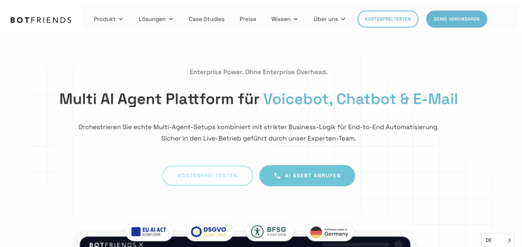Botfriends landing page displaying a multi AI agent platform for Voicebot, Chatbot & E-Mail automation with call to action buttons for enterprise solutions.