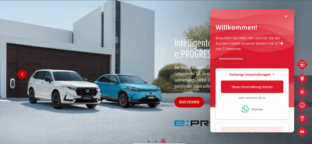 A live chat interface on a website with cars in the background, demonstrating a chatbot and live chat support for users.