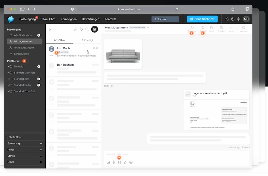 A screenshot of a live chat interface with a blurred background, showcasing a website's customer support page.