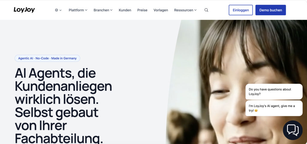 An interface showing a customer chat assistant with overlapping chat bubbles and a smiling customer. Prominent text reads AI Agents that truly solve customer needs.