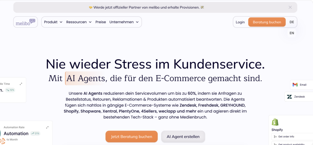 Screenshot of the Lime Connect homepage featuring AI Agents for e-commerce customer service, designed for German-speaking markets.