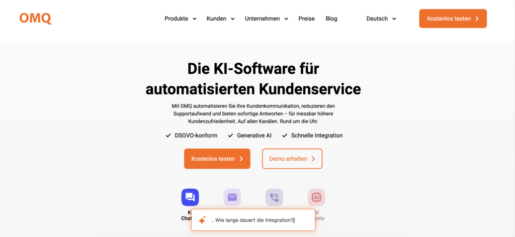 Screenshot of the OMQ website homepage showcasing German text for 'Die KI-Software für automatisierten Kundenservice' alongside the brand logo and navigation bar.
