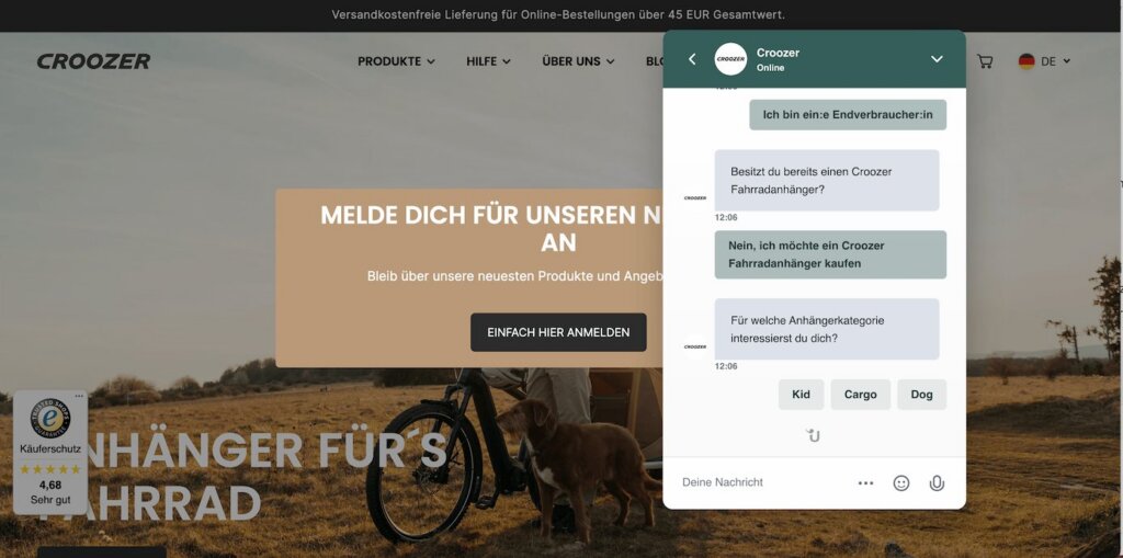 Live chat interface on a website with a bicycle in the background, showing a chat window with messages.
