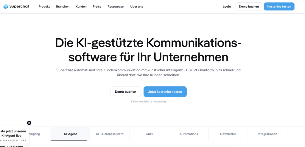 Lime Connect Superchat hero page featuring the headline 'Die KI-gestützte Kommunikationssoftware für Ihr Unternehmen' and prominent buttons to request a demo or explore product features.