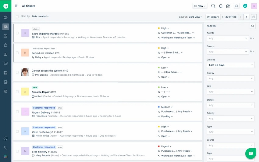 A screenshot of a computer screen showing a chat interface with multiple conversations listed, each with a profile picture, name, and message preview. The interface appears to be a dashboard for managing live chats and AI chatbot interactions.