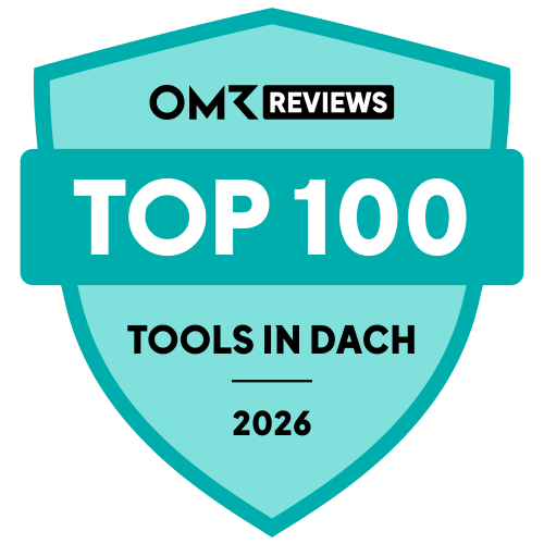 Badge for Top 100 Tools in DACH 2026, featuring a shield design with OMT Reviews logo.