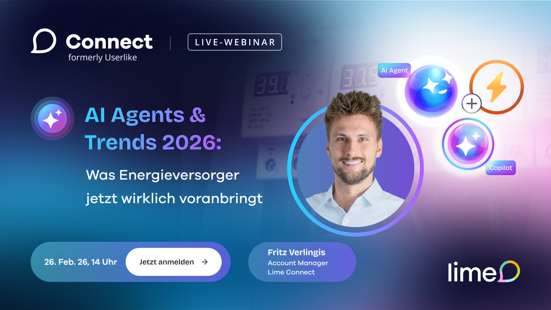 A man smiling with chat interface buttons and logo