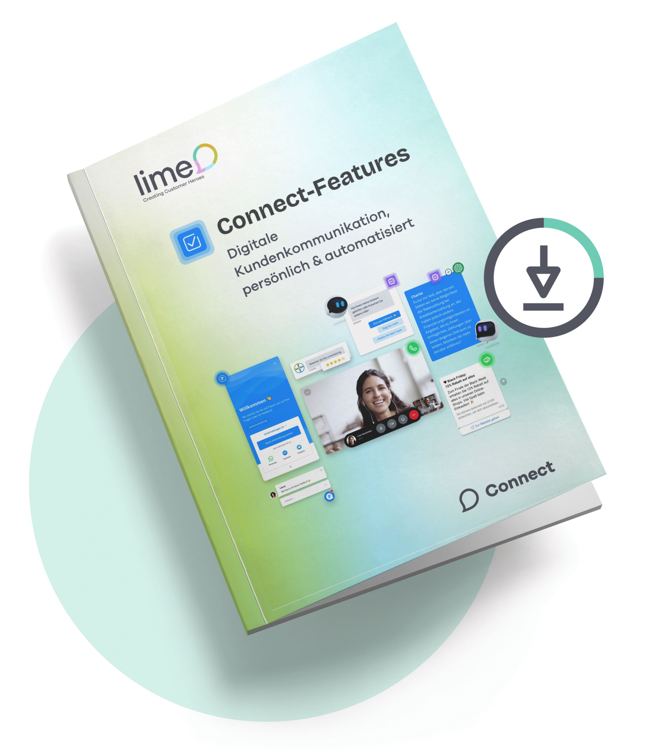 a stack of brochures with a chat logo on the right