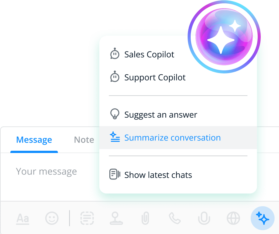 Chat interface options menu with copilot suggestions and message input field, featuring various icons for emoticons and file attachments.