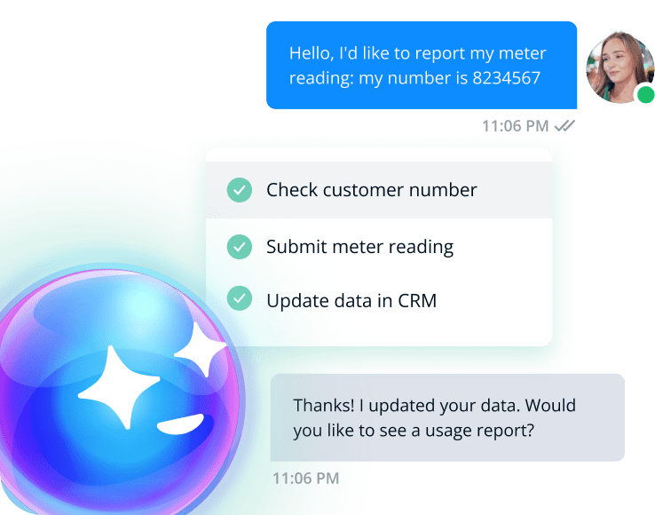 A customer service chat interface with a greeting message and input field, on a dark background.