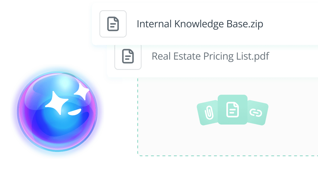 A monochrome illustration of a globe beside a chat interface with a speech bubble.