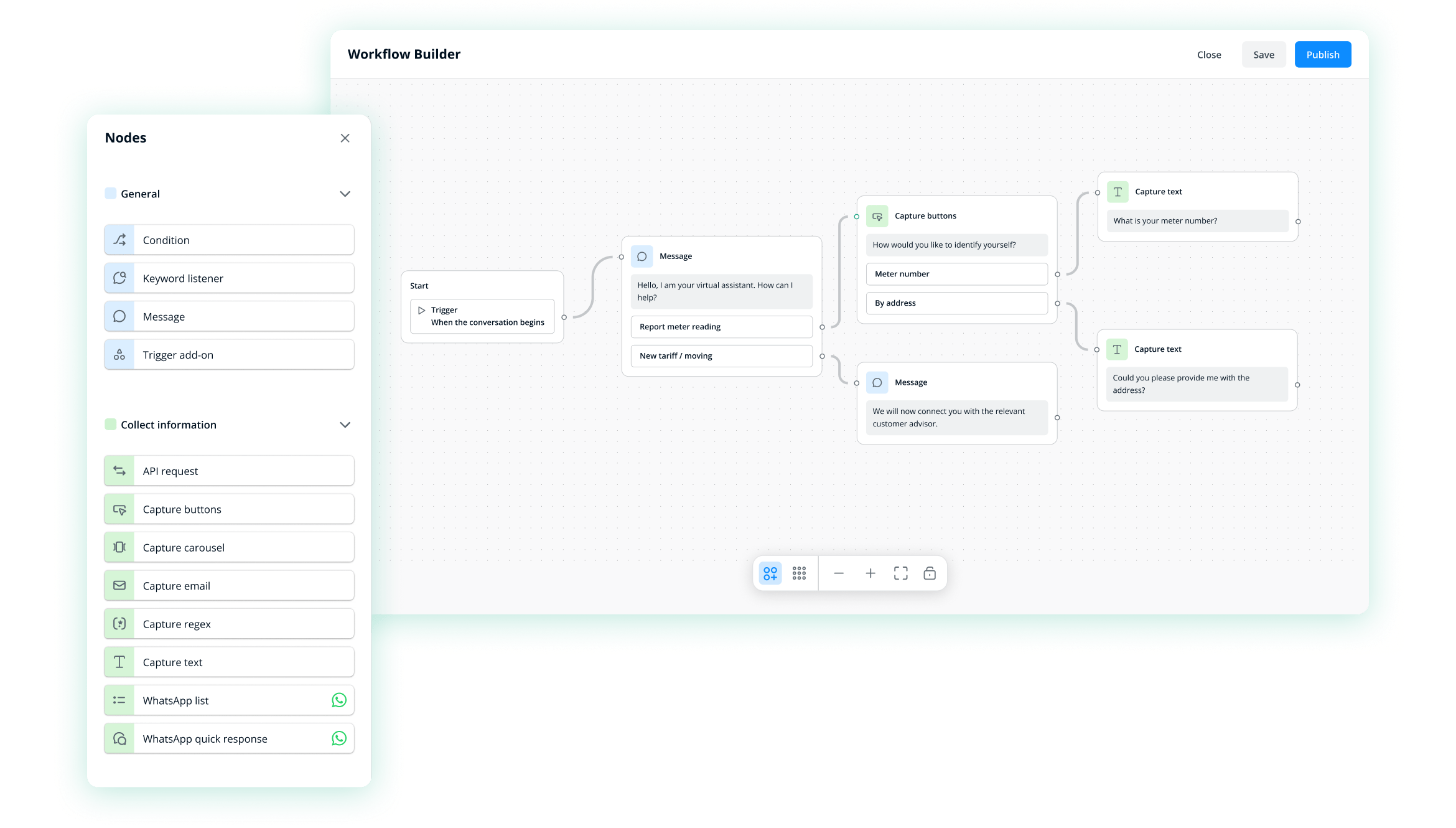 A screenshot of a computer screen showing a workflow or process diagram with various boxes and lines, likely representing a live chat or AI chatbot setup, with a menu or toolbar on the left side.