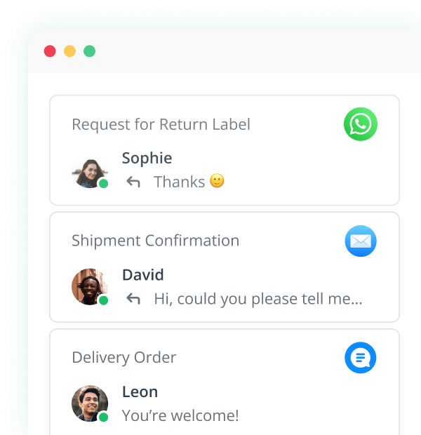 A mobile phone screen showing a live chat interface with customer support conversations, including requests for return labels and shipment confirmations.
