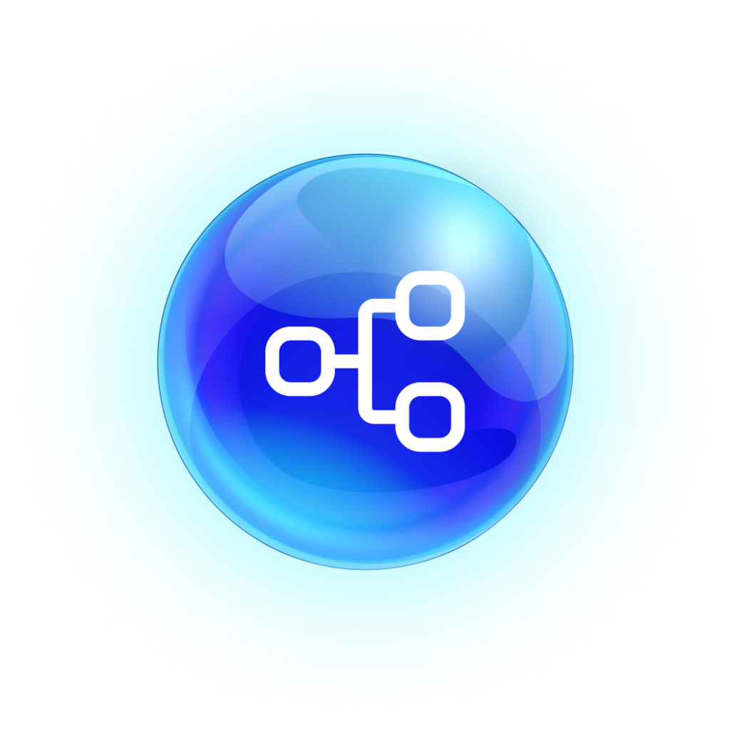 A blue circle with a white chain link icon in the centre, symbolising connection and integration.