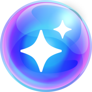 A blue and purple circle with a white star in the centre and a smaller star above it. The circle has a shiny effect with a gradient of colours.