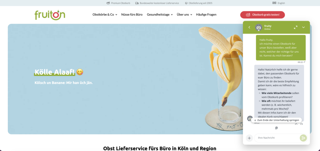 A live chat interface on a website next to a graphic of a melting banana on a plate, with a German webpage in the background.
