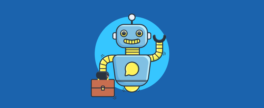 A cheerful robot holding a briefcase stands confidently against a blue circular background, exuding a sense of friendly professionalism.