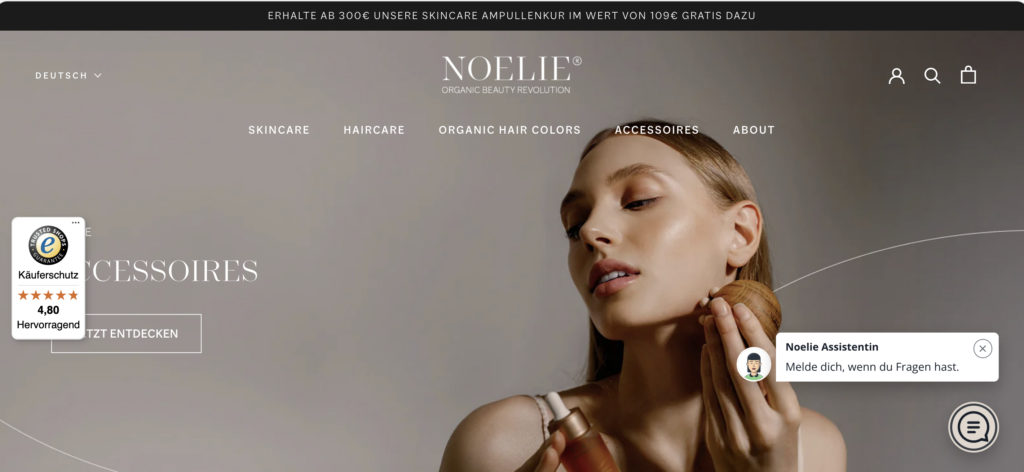 Woman touching her face next to live chat interface on a website