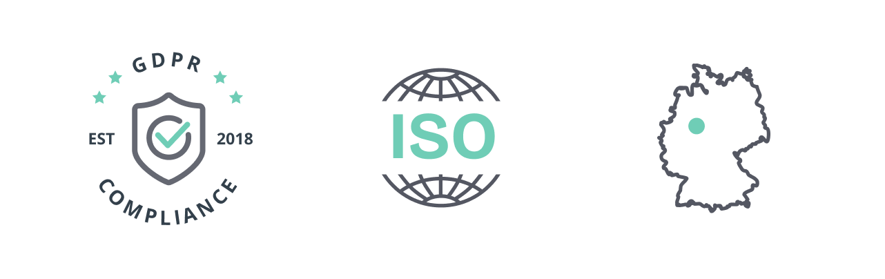Three certifications seals in a row on a black background