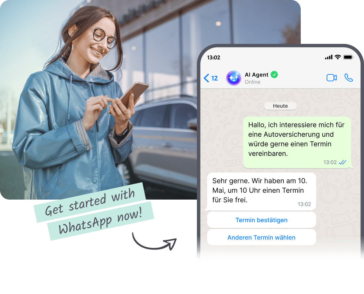 A customer service chat interface on a laptop and a mobile device, with a person interacting with a live chat agent in the background.