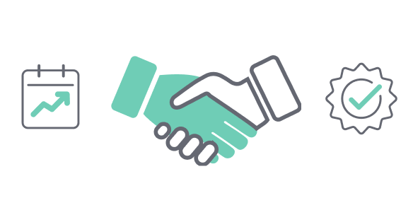 Handshake between two people, a calendar with a graph and a gear with a checkmark, representing partnership, planning and quality.