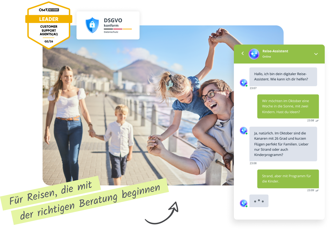 Family on a joyful outing, a man spinning a girl around with a woman and boy walking behind, with a live chat interface on the right.