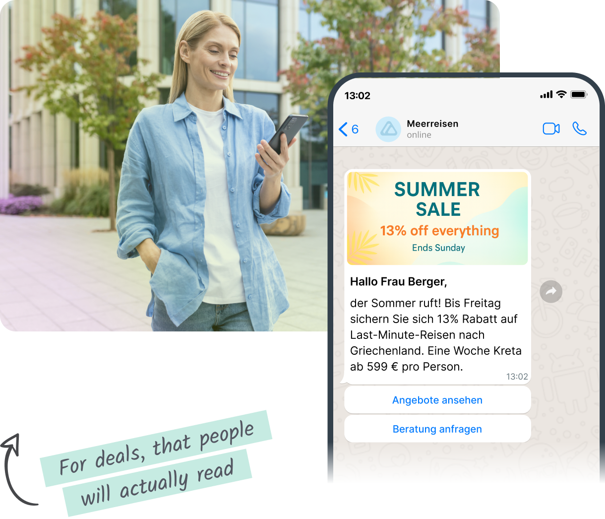 Woman with phone, receiving promotional message on screen, with text 'For deals, that people will actually read'